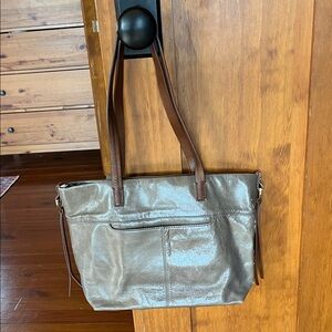 HOBO Metallic Gray Tote with Brown Handles